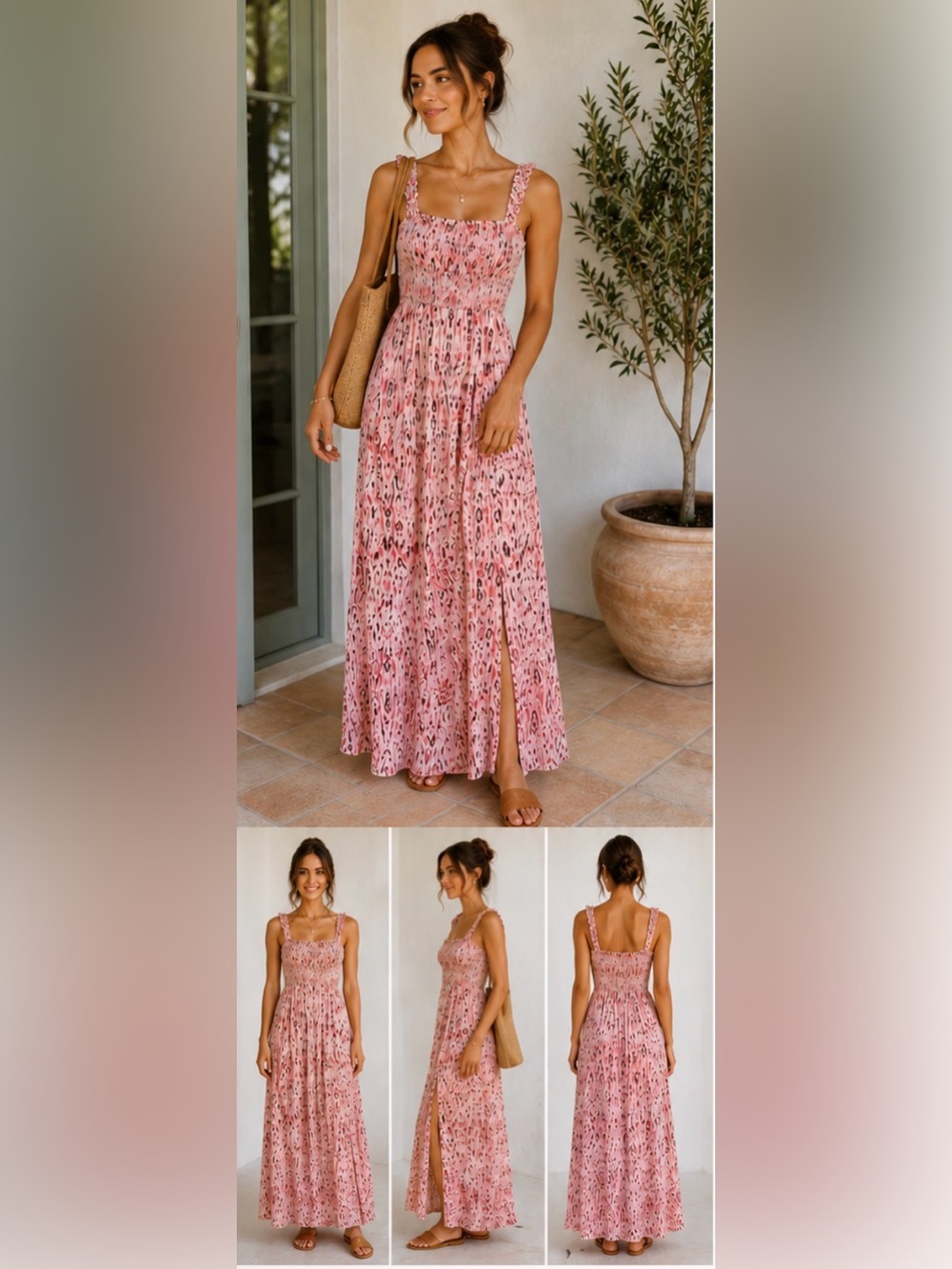 Zara Pink Ikat Smocked Maxi Dress | Linen Blend | XS | Side Slit | Boho Summer